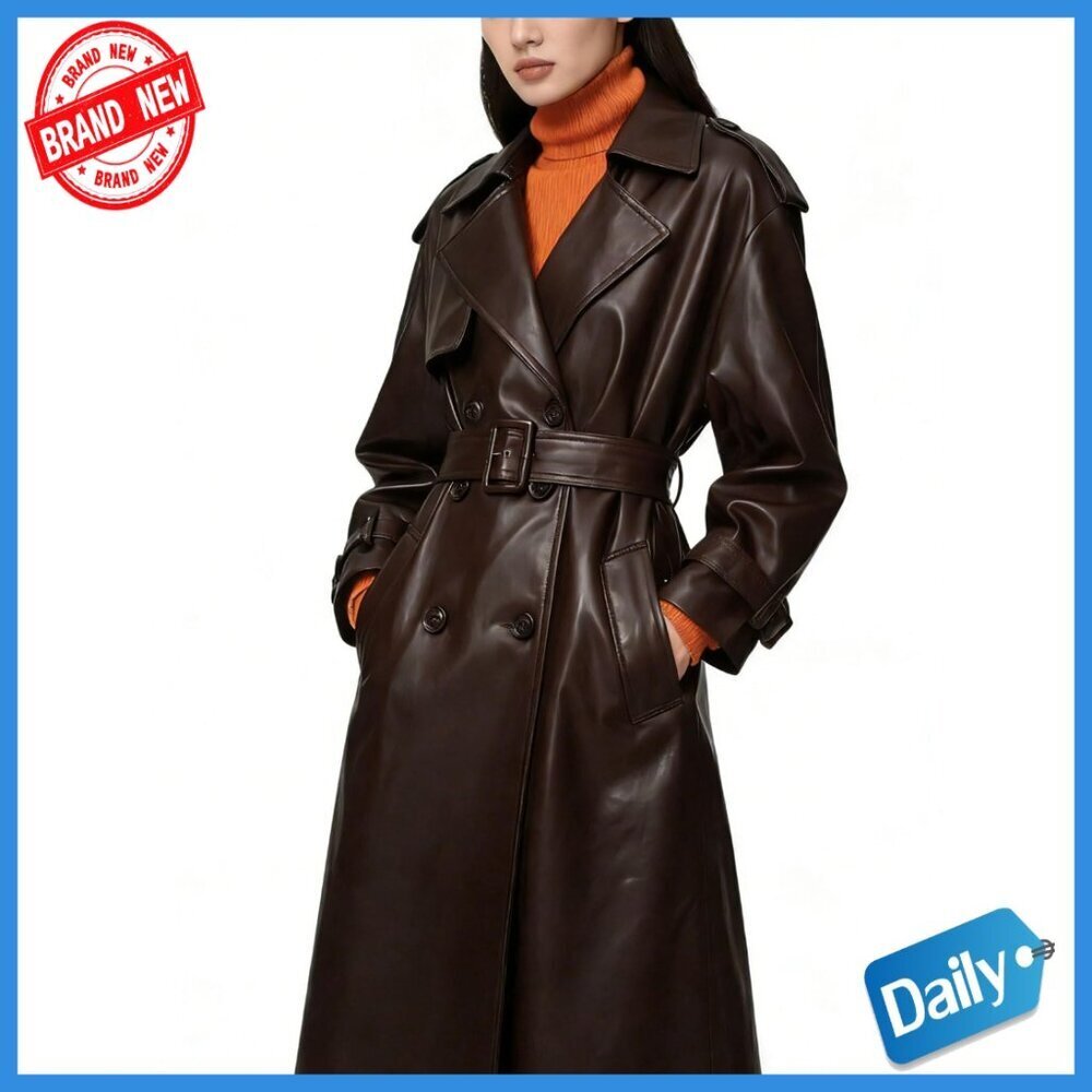 Faux Leather Trench Coat Double Breasted Belted High Waist Long Jacket